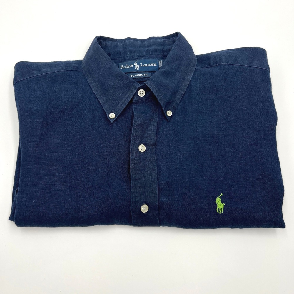 Ralph Lauren Mens L Navy Blue Linen Short Sleeve Button Down Shirt Classic Fit